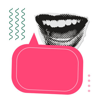 90s vintage style Collage halftone element for message with mouth with speech bubbles. Dotted realistic stickers with simple vivid shapes. Vector