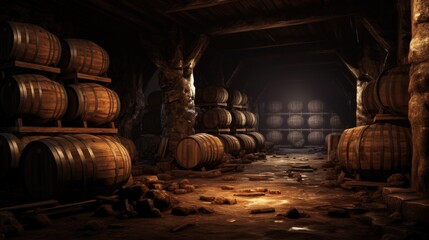 barrels in an old wine cellar - obrazy, fototapety, plakaty