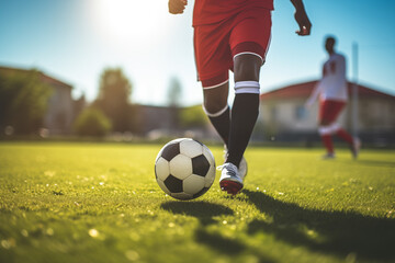 Obraz premium Man playing football on the field outdoor, crop view. Generative AI