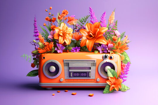 Retro radio with flowers around, holiday card, advertising music concept