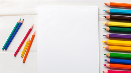 Fototapeta premium Top view of school supplies with blank white paper for text and message, education background. Generative Ai