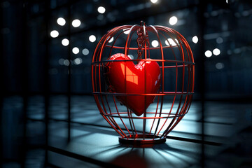 Concept for Valentine's Day - red heart in a cage on a dark background - obrazy, fototapety, plakaty