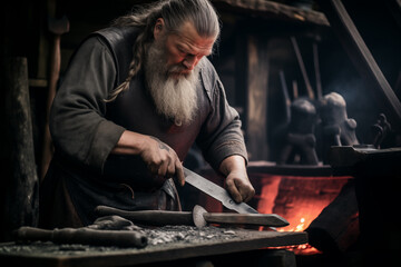 Viking blacksmith sharpening metal weapons on workbench. Generative AI - obrazy, fototapety, plakaty