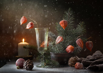 Winter still life with a bouquet of snow-covered spruce and physalis branches and Christmas...