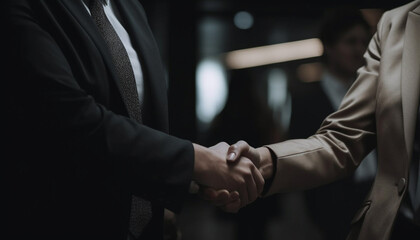 Fototapeta premium Successful businessmen and businesswomen shaking hands in a corporate agreement generated by AI