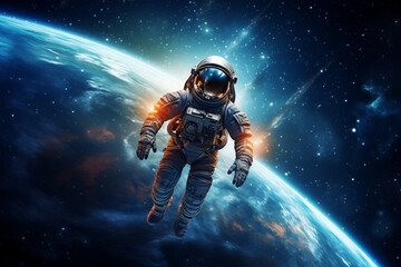 Astronaut wearing spacesuit levitating in colorful brightly galaxy. Generative AI