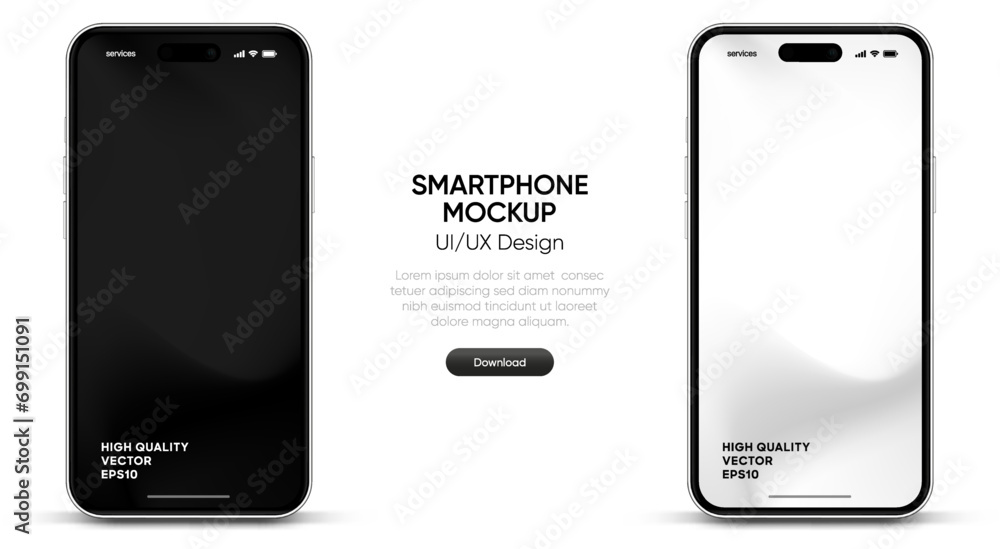 Poster 3D realistic high quality smartphone mockup with isolated background. Smart phone mockup collection. Device front view. 3D mobile phone with shadow on white background.