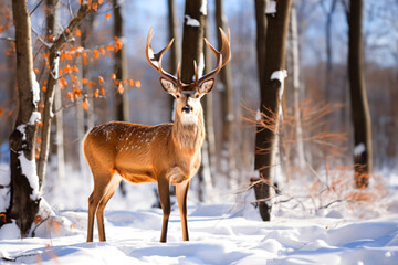 Naklejka na ściany i meble Beautiful reindeer in the forest in winter