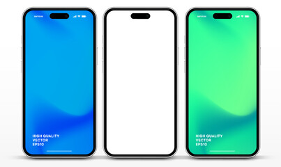 3D realistic high quality smartphone mockup with isolated background. Smart phone mockup collection. Device front view. 3D mobile phone with shadow on white background.