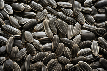 Black sunflower seeds background. Generative AI - obrazy, fototapety, plakaty