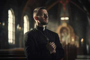 Portrait of catholic priest in church. Generative AI - obrazy, fototapety, plakaty