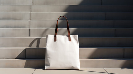 Tote bag mockup template on a concrete ladder with deep sunlit shadows. Isolated surface to place your design. Generative Ai
