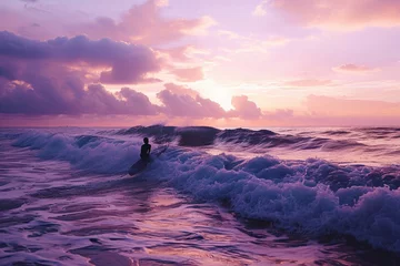 Foto op Canvas surf with purple sky and the guy looking the big wawe © HASAN