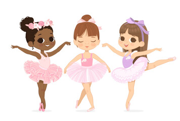 A group of three dancing girls. Set Of Three Ballerinas . An African American child wears a pink tutu dress and practices in dance pointe shoes. Caucasian ballet girl cartoon illustration. - 699151657
