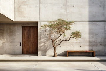 Exterior of a minimalist private house made of concrete with a wooden front door. Design of a modern building.