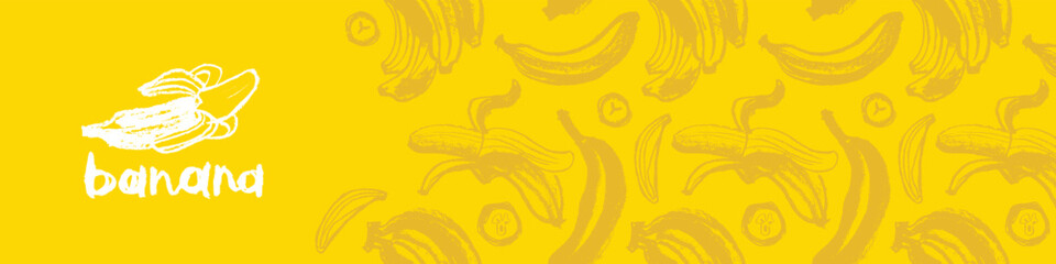 Obraz premium Plantains background for vector bananas banner template with sketch banana seamless pattern. Banana label backdrop. Plantains ornament. Yellow fruits.