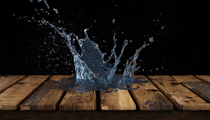 Water splash on wooden table with black background. 3d rendering