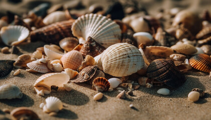 Fototapeta na wymiar Nature close up backgrounds of sand, animal shells, and summer generated by AI