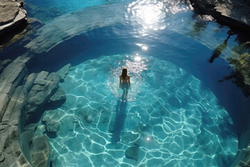 Naklejka premium A woman lounging by a private swimming pool, drone photo, shot from above. Summer holiday, resort.