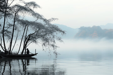 Black and white image of morning nature, a boat with a fisherman on a lake, bamboo trees, soft fog.