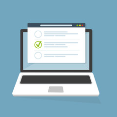 Finestra del browser dell'elenco di controllo. Segno di spunta. Segno di spunta bianco sullo schermo del laptop. Scelta, concetti di indagine. Elementi per banner web, siti web, infografiche. Design  