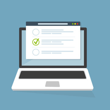 Finestra del browser dell'elenco di controllo. Segno di spunta. Segno di spunta bianco sullo schermo del laptop. Scelta, concetti di indagine. Elementi per banner web, siti web, infografiche. Design  