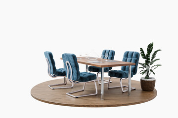 dining room interior design isolated on wooden podest and infinite background; 3D rendering