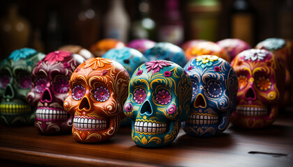 Day of the Dead celebration colorful skulls, ancient tradition, Mexican culture generated by AI