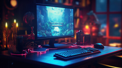 A gaming computer on the desk - obrazy, fototapety, plakaty