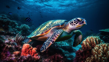Underwater turtle swimming in blue sea, surrounded by coral reef generated by AI
