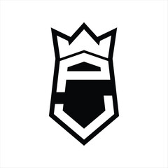 PJ Letter Logo monogram hexagon shield shape up and down with crown isolated style design