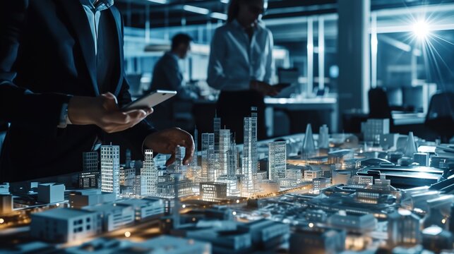 Architect and Engineer have Discussion, Use Augmented Reality Smartphone to Design Sustainable 3D Megalopolis Model. Futuristic Office with Architectural Designers