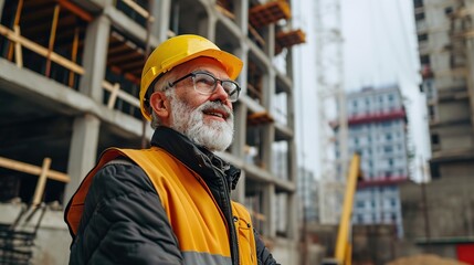 Architect, portrait and building inspection in city for property, construction and project evaluation. Architecture, development and happy senior worker at real estate construction site