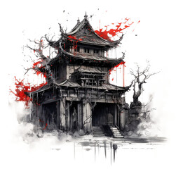 Watercolor illustration Ancient Chinese architecture isolated on transparent background. PNG