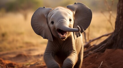 A baby elephant calf trumpeting playfully, its miniature tusks just starting to show.