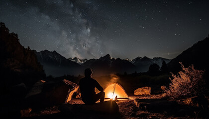 Silhouette of one person sitting, gazing at the Milky Way generated by AI
