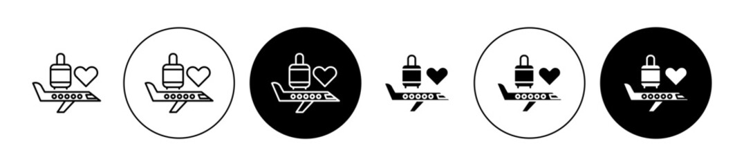 Honeymoon travel plane icon vector set. couple lover tourist airplane tour or trip symbol for web app 