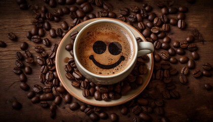 Naklejka premium Smiling barista serves fresh cappuccino on wooden table in coffee shop generated by AI