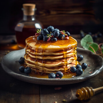 Pfannkuchenstapel mit Blaubeeren und Honig