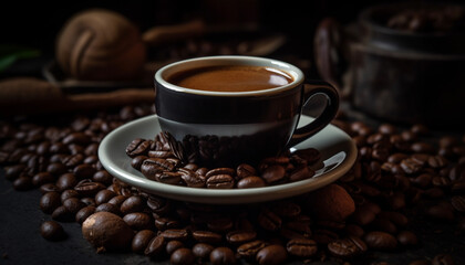 Obraz premium Fresh coffee bean on wooden table, a caffeine filled drink generated by AI