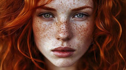 Beautiful woman with red hair and freckles. Close up portrait