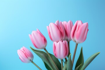 pink tulips against a blue background,