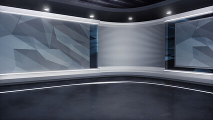 TV news, virtual studio background. Ideal also for online shows or live events. Modern 3D rendering backdrop suitable on VR tracking system stage sets, with green screen - obrazy, fototapety, plakaty