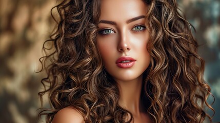 Beauty girl with long and shiny wavy Hair ,coloring and toning, shatush and balayash . Beautiful woman model with curly hairstyle - obrazy, fototapety, plakaty
