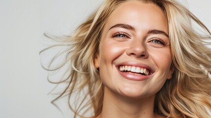 Beauty portrait of blonde smiling laughing woman 35 year clean fresh face isolated on white background
