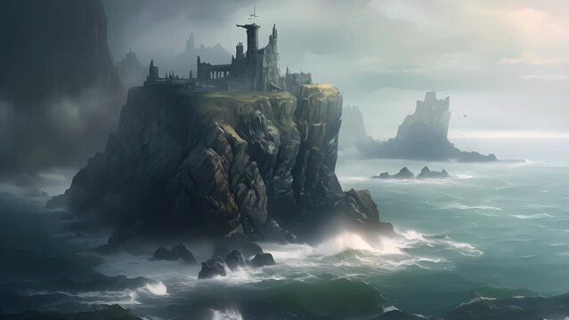 A mysterious fog shrouded island surrounded by crashing waves and vast expanses of Fantasy art concept.