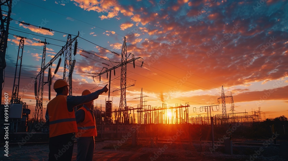 Poster blue collar worker points towards sun setting over power distribution center with white collar worke