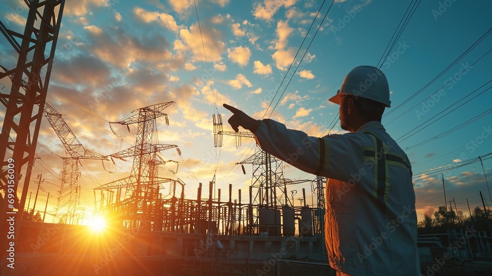 Poster blue collar worker points towards sun setting over power distribution center with white collar worke