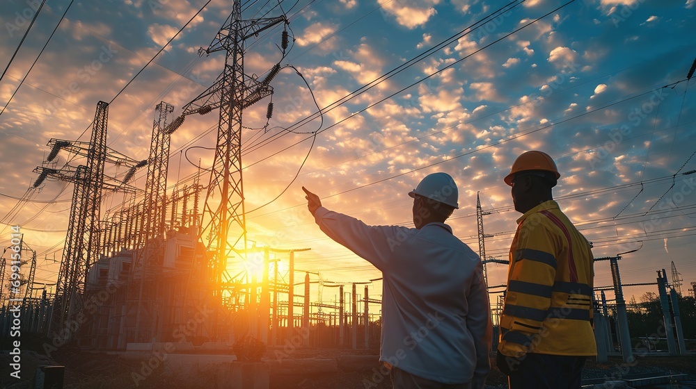 Poster blue collar worker points towards sun setting over power distribution center with white collar worke