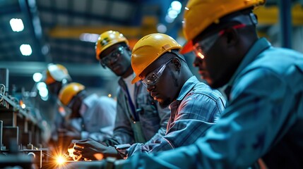 Boosting and Improving Manufacturing Process Efficiency in Welding Assembly Line. African American Manufacturing Process Engineers Team having discussion on welding jig assembly to tolerance variation